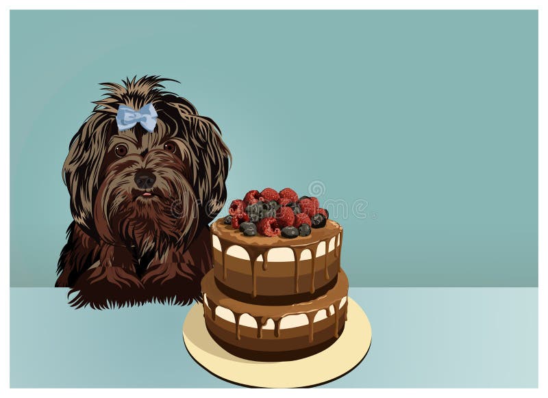 Little black lap dog and cake. Happy birthday greeting card.